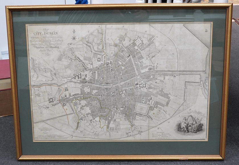 A plan of the City of Dublin ... Plans of Canal Harbour ... large scale with streets, squares and some buildings named, engraved title, framed and glazed, 49 x 75cm approx., within mount, William Faden, 1797